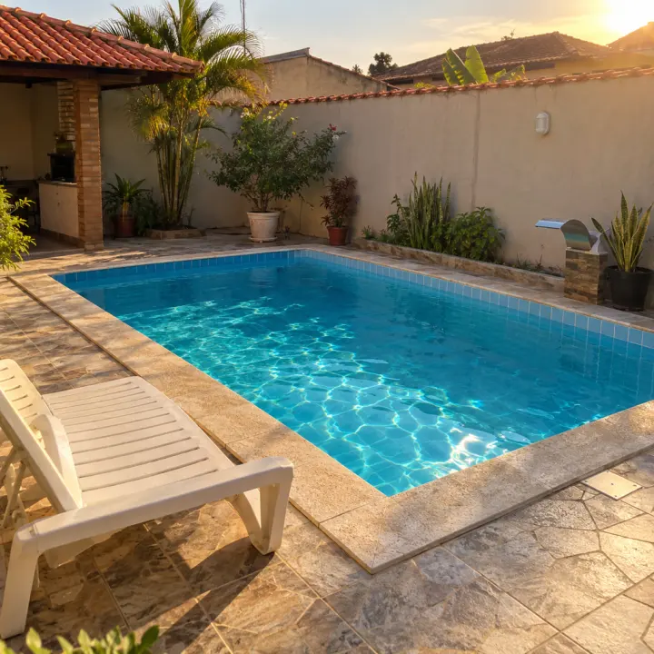 Piscina pequena de alvenaria pronta num quintal ao fim da tarde