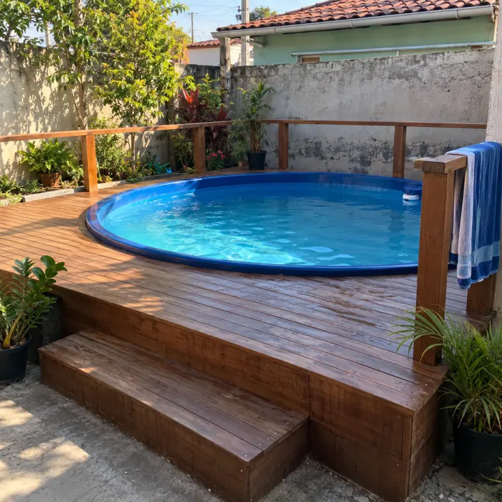 Piscina de caixa d'água azul com deck de madeira