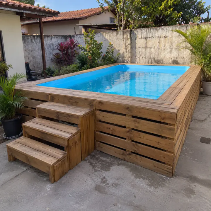 Piscina elevada cercada por deck de madeira