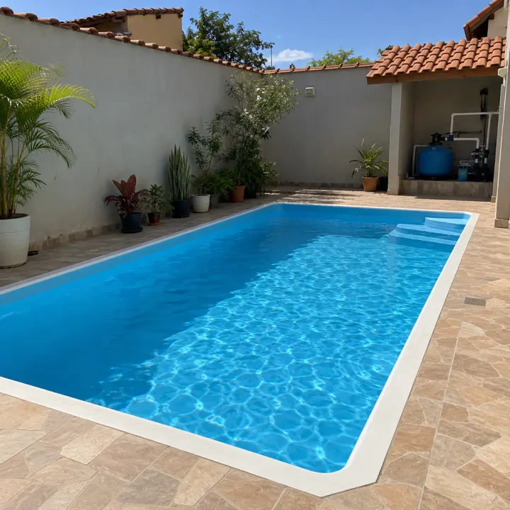 Piscina de vinil azul num quintal com muro de bloco
